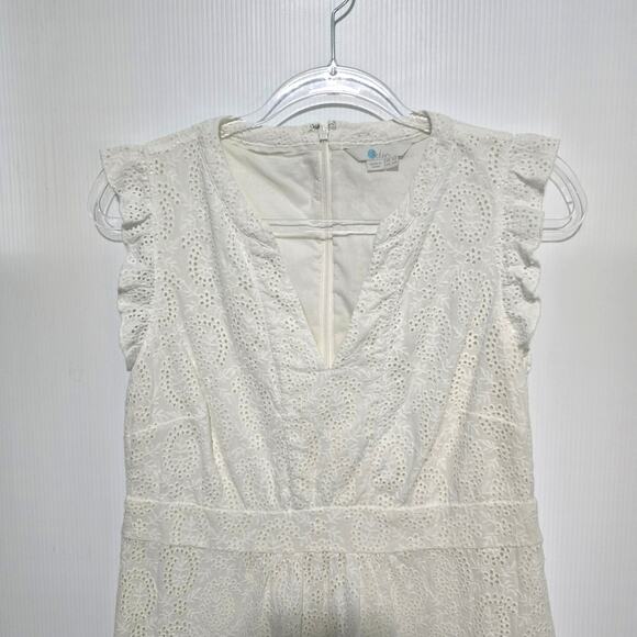 Boden White Eyelet Midi Dress Sleeveless V Neck Ruffle Detail 100% Cotton 10P - Picture 3 of 6